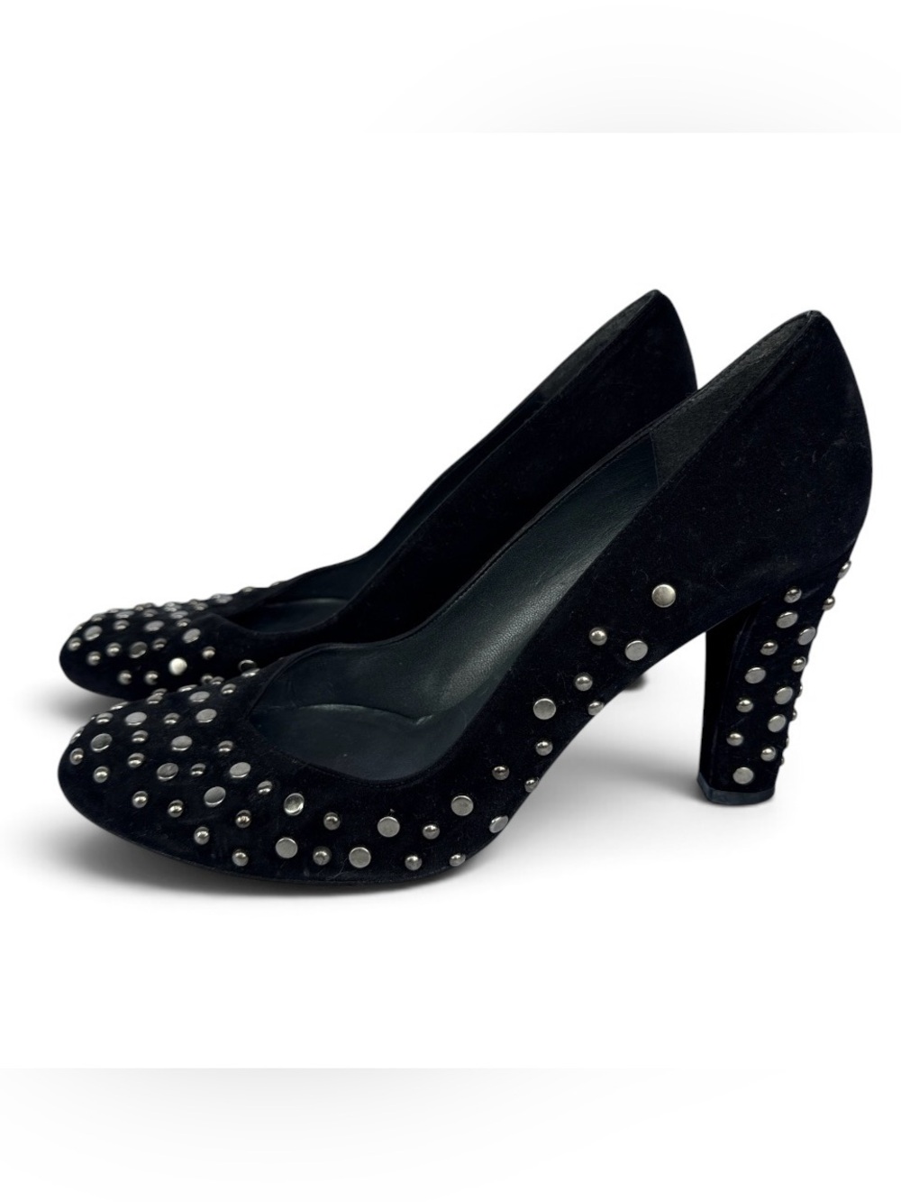 Stuart Weitzman Black Suede Studded Round-Toe Pumps- 10